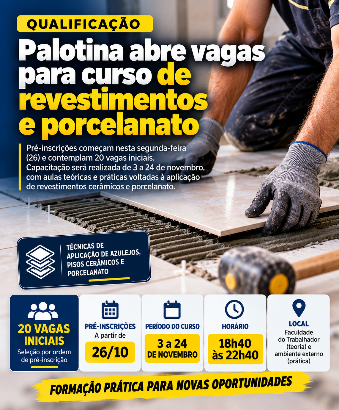Prefeitura de Palotina abre pré-inscrições para curso de aplicação de revestimentos cerâmicos e porcelanato, com 20 vagas iniciais