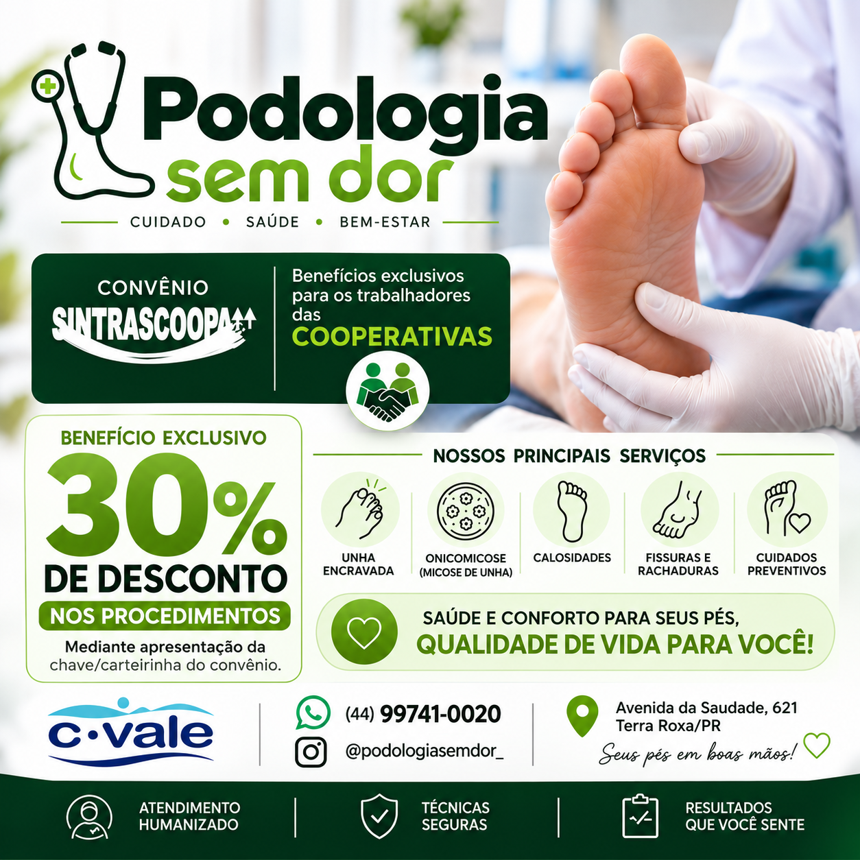 Sintrascoopa firmou parceria com o especialista em Podologia Rodolfo Reis Araújo, garantindo 30% de desconto nos serviços aos trabalhadores em cooperativas sindicalizados