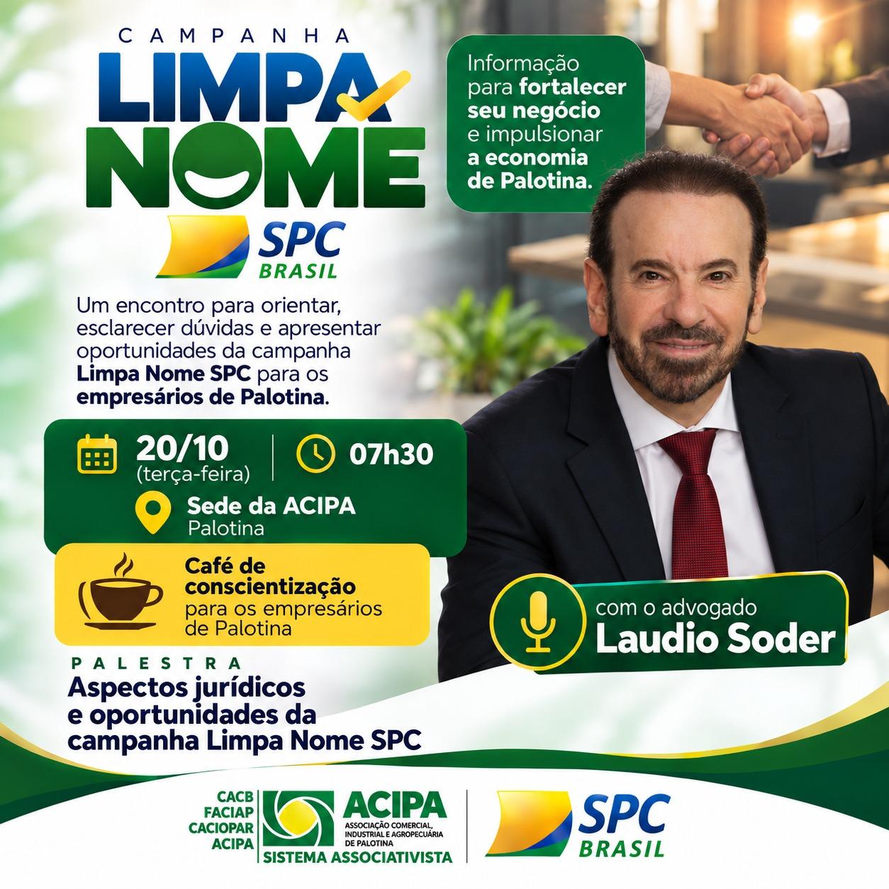 Cartaz do Café de Conscientização sobre a Campanha Limpa Nome SPC, que será realizado no dia 20 de outubro, às 7h30, na sede da ACIPA, em Palotina