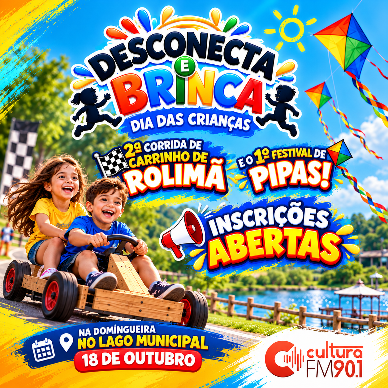 Cartaz divulga a programação especial da Cultura FM para o Dia das Crianças, que terá a 2ª Corrida de Carrinho de Rolimã e o 1º Festival de Pipas, no dia 18 de outubro