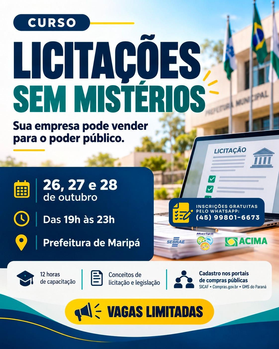 Cartaz do curso gratuito “Licitações sem Mistérios”, que será realizado de 26 a 28 de outubro, em Maripá