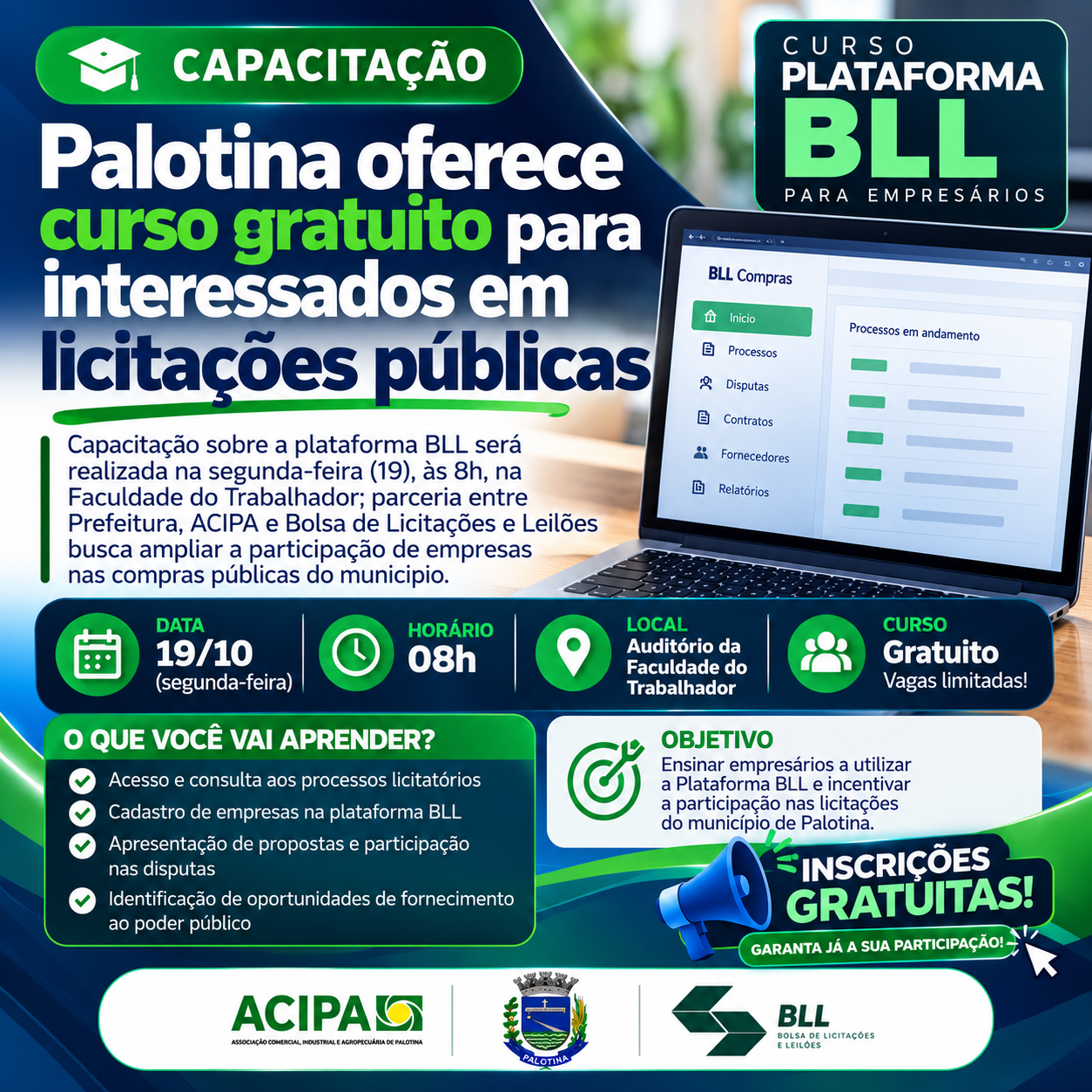 Curso gratuito “Plataforma BLL para Empresas”, que será realizado no dia 19 de outubro, às 8h, na Faculdade do Trabalhador, em Palotina