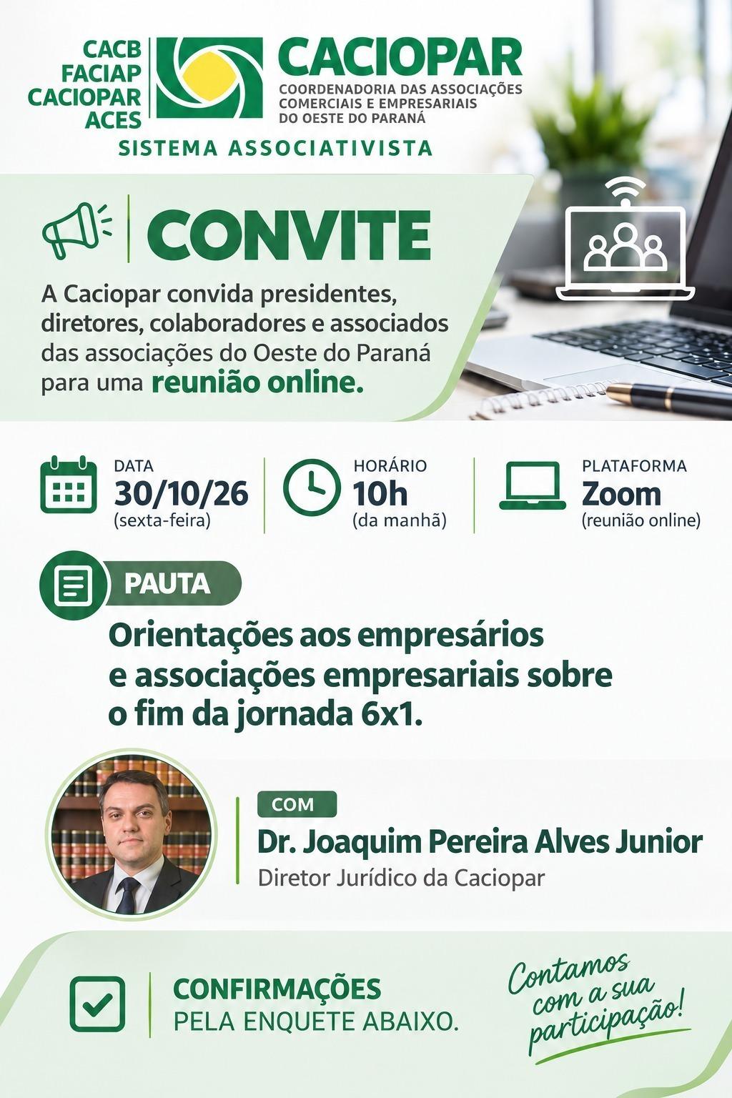 Convite divulgado pela Acipa destaca reunião on-line promovida pela Caciopar nesta sexta-feira (30), às 10h