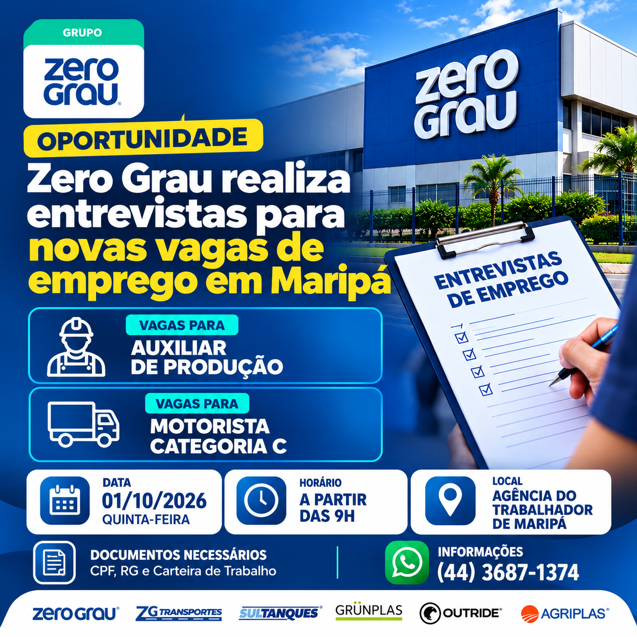 Cartaz divulgado pela Agência do Trabalhador – Sine de Maripá anuncia entrevistas para vagas de Auxiliar de Produção e Motorista Categoria C nesta quinta-feira (1º)