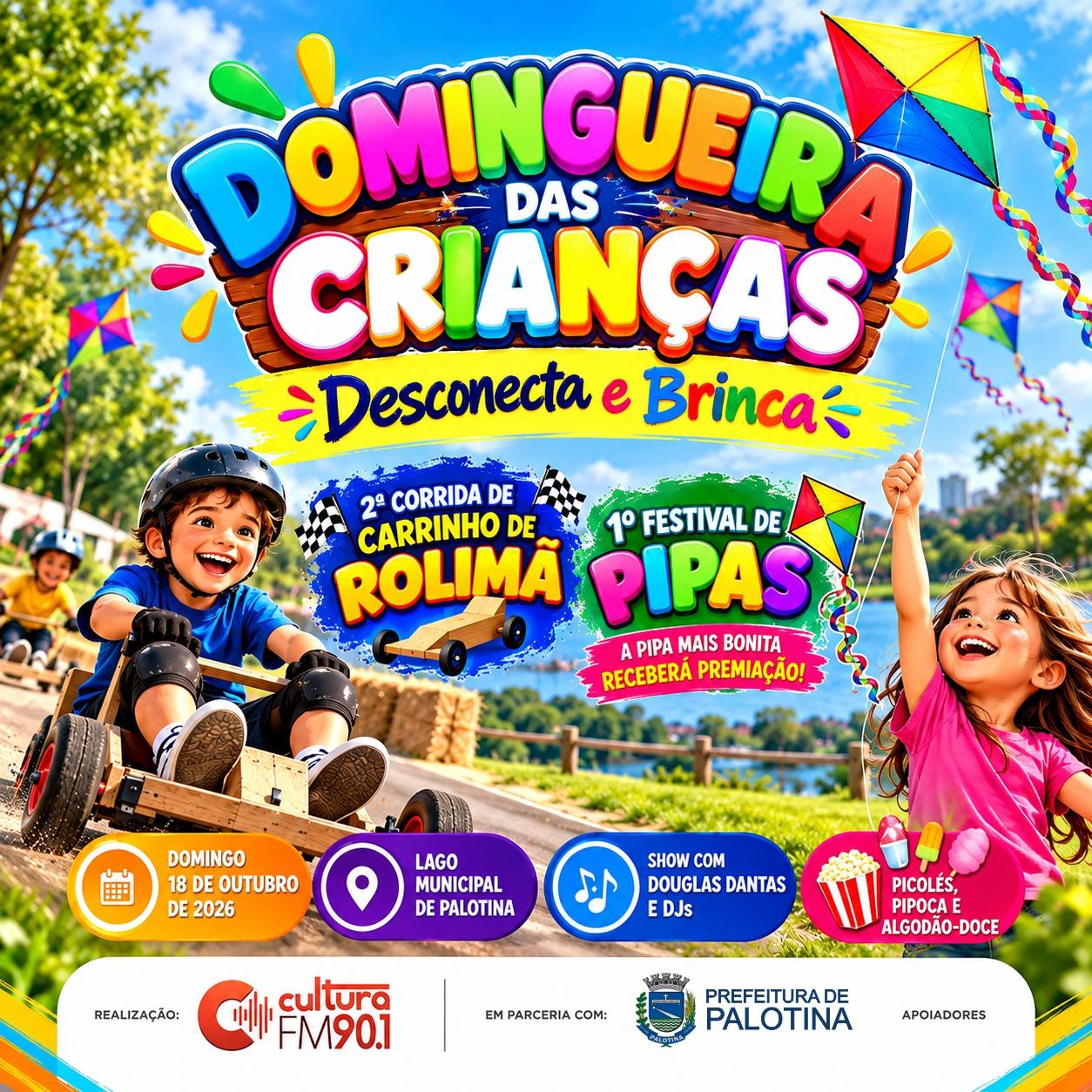 O Lago Municipal de Palotina será palco da Domingueira das Crianças neste domingo (18), com a programação especial “Desconecta e Brinca”, promovida pela Rádio Cultura FM 90.1