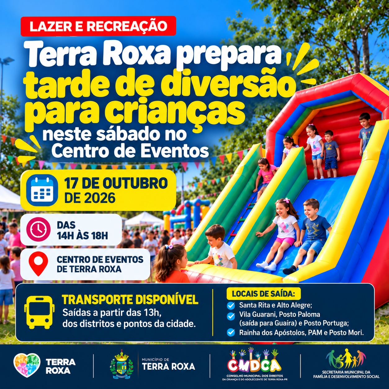 Convite especial: Prefeitura de Terra Roxa promove neste sábado (17), das 14h às 18h, no Centro de Eventos, uma tarde de diversão para as crianças, com brinquedos infláveis e atividades recreativas