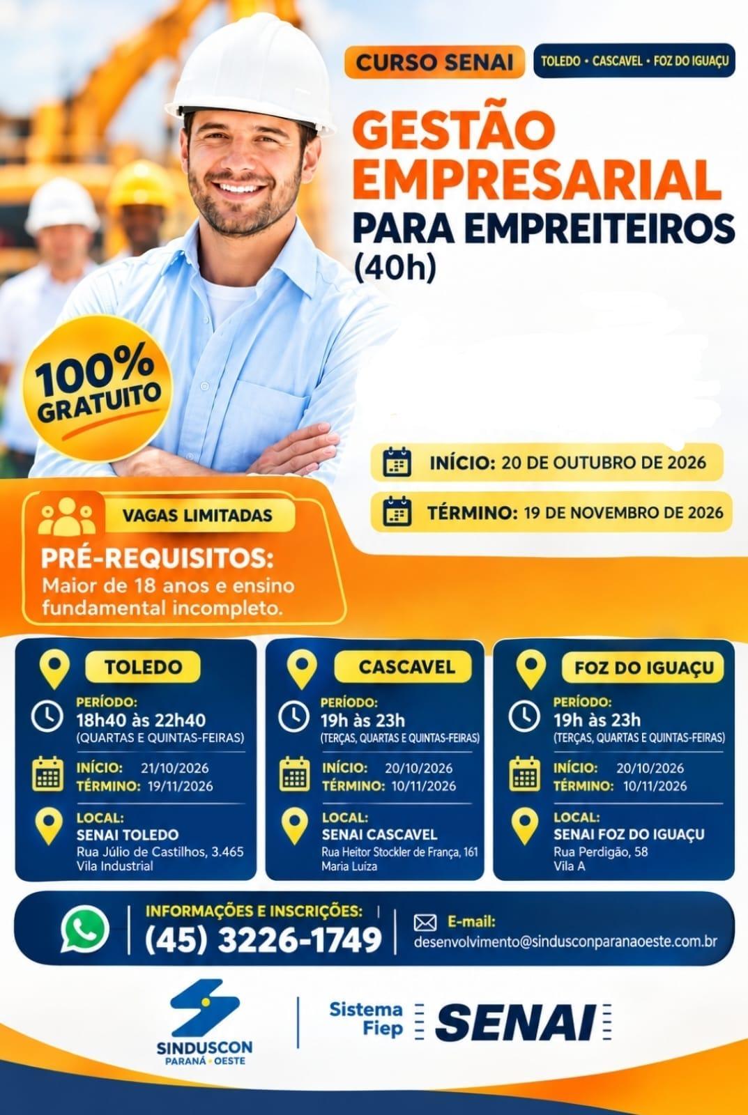 Sinduscon Paraná Oeste e Senai oferecem curso gratuito de Gestão Empresarial para Empreiteiros em Cascavel, Toledo e Foz do Iguaçu, com vagas limitadas