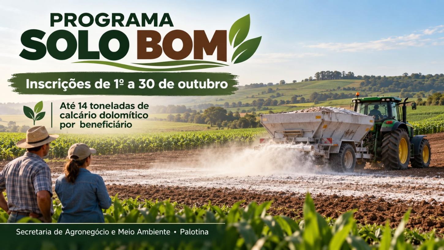 Programa Solo Bom vai beneficiar agricultores familiares de Palotina com a distribuição e aplicação de até 14 toneladas de calcário dolomítico por produtor, conforme recomendação técnica; inscrições seguem até 30 de outubro