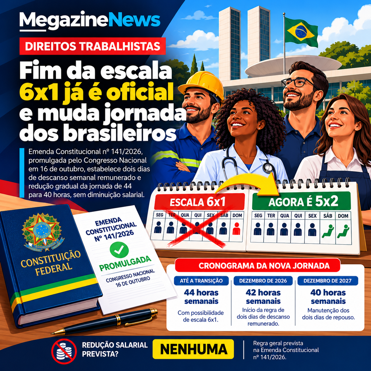 Fim da escala 6x1 prevê dois dias de descanso semanal e redução gradual da jornada de trabalho de 44 para 40 horas, sem diminuição salarial, ampliando o tempo de descanso e convivência familiar dos trabalhadores brasileiros
