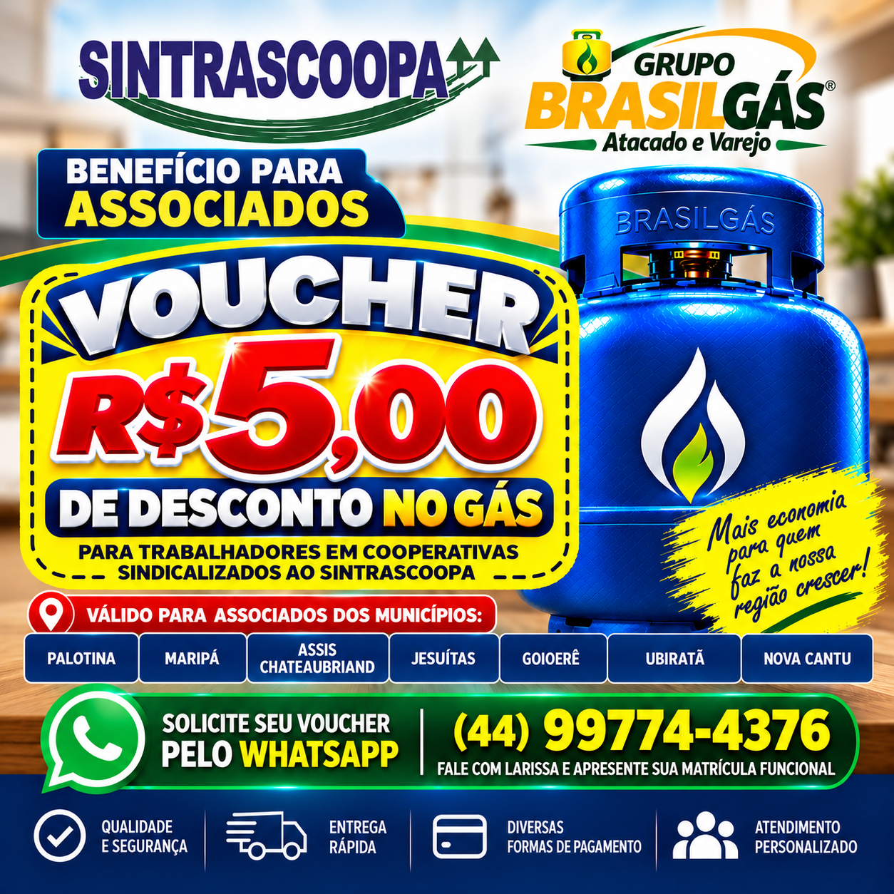 O Sintrascoopa firmou parceria com o Grupo Brasilgás e garante aos trabalhadores em cooperativas sindicalizados um voucher de R$ 5,00 de desconto na recarga de gás de cozinha