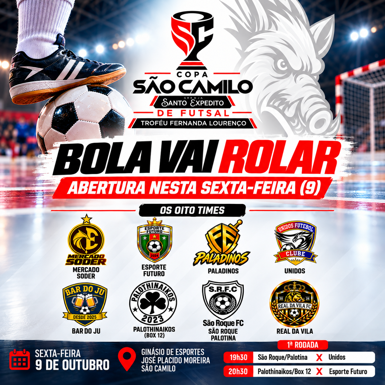 Cartaz oficial anuncia a abertura da Copa São Camilo/Granja Santo Expedito 2026, que acontece nesta sexta-feira (9), no Ginásio de Esportes José Placido Moreira