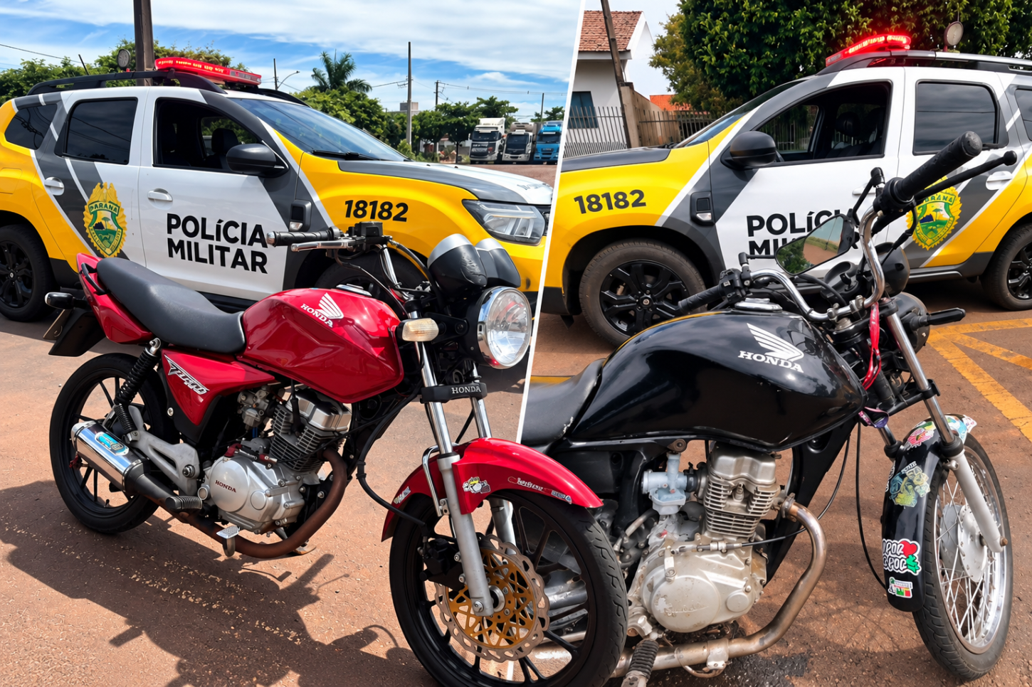 Duas motocicletas, uma vermelha e outra preta, foram apreendidas pela Polícia Militar na tarde de segunda-feira (19)