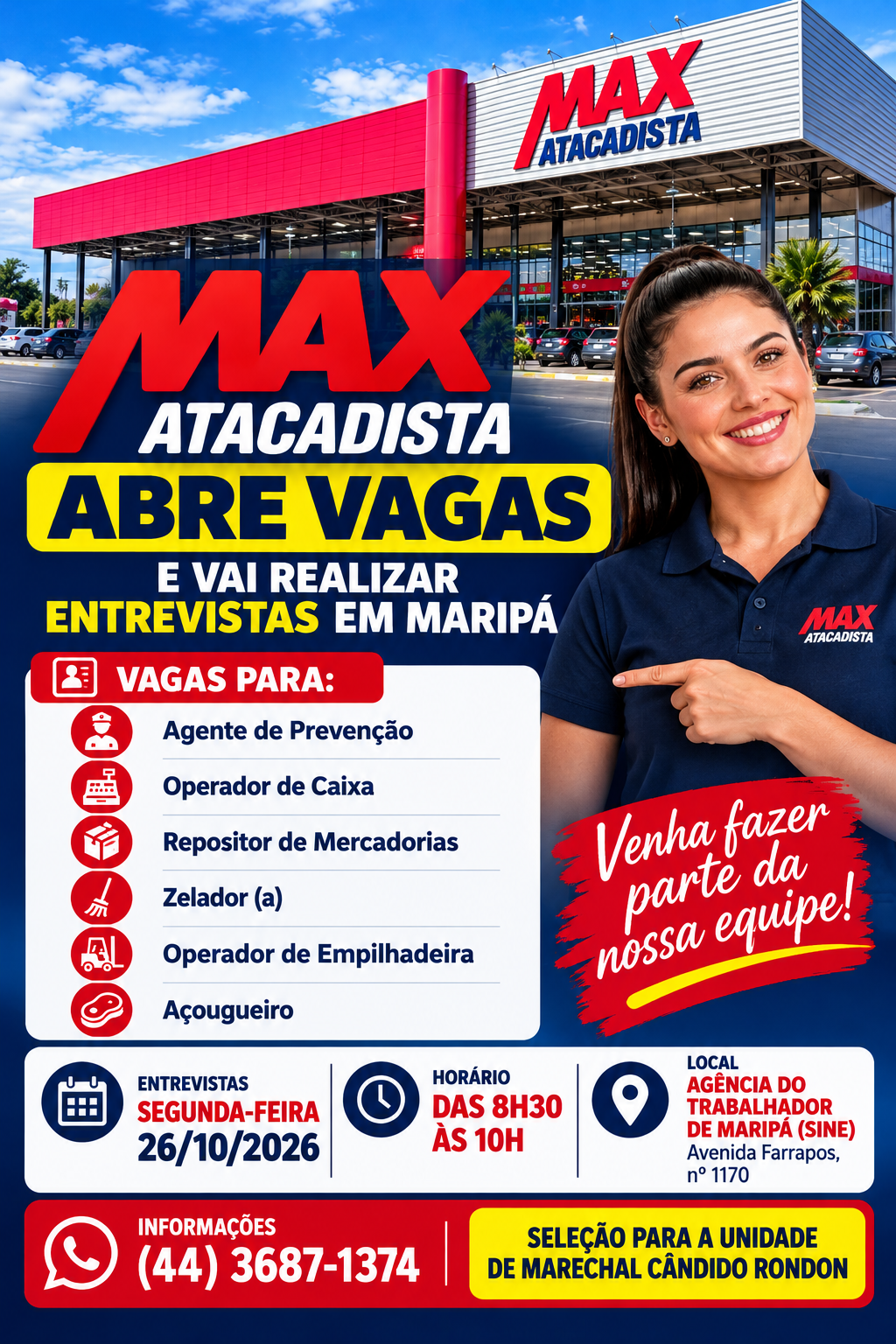 Max Atacadista de Marechal Cândido Rondon fará entrevistas para seis funções na segunda-feira (26) em Maripá