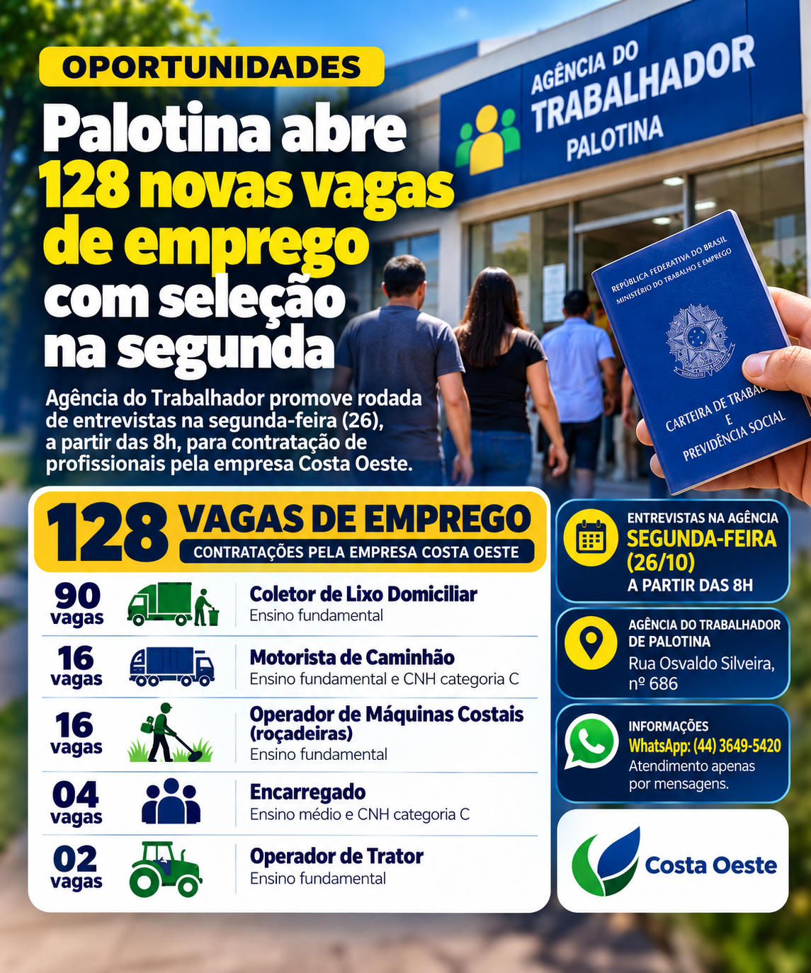 A Agência do Trabalhador de Palotina realiza, na segunda-feira (26), a partir das 8h, uma rodada de entrevistas para o preenchimento de 128 vagas de emprego oferecidas pela empresa Costa Oeste