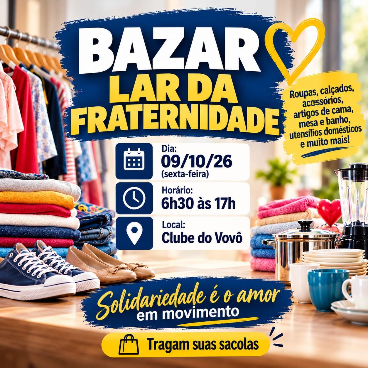 Lar da Fraternidade de Palotina promove nesta sexta-feira (9), das 6h30 às 17h, no Clube do Vovô, seu bazar beneficente