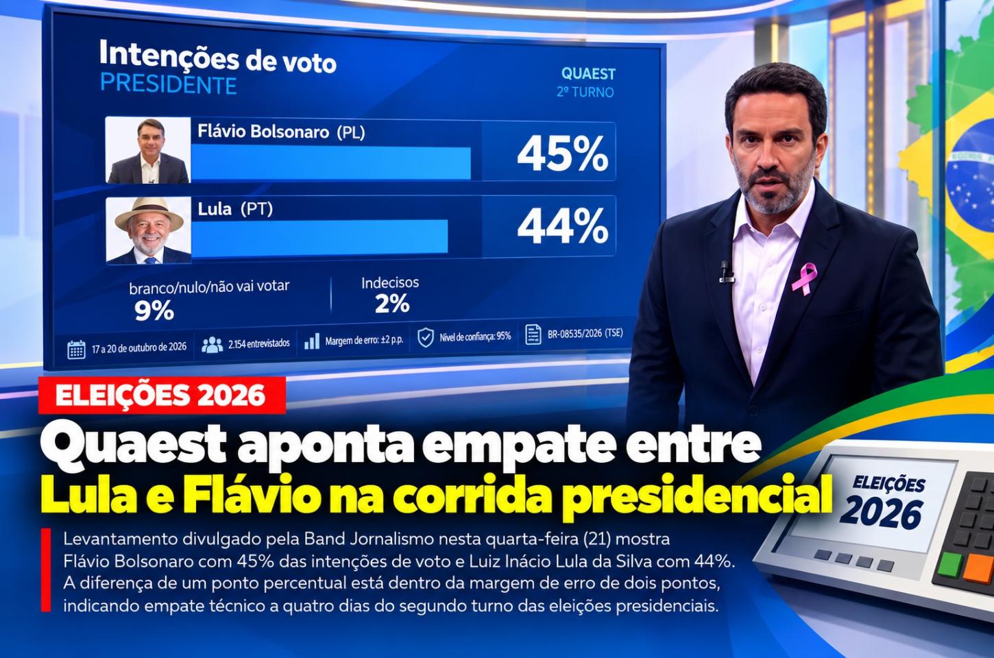 Quaest aponta empate entre Lula e Flávio na corrida presidencial