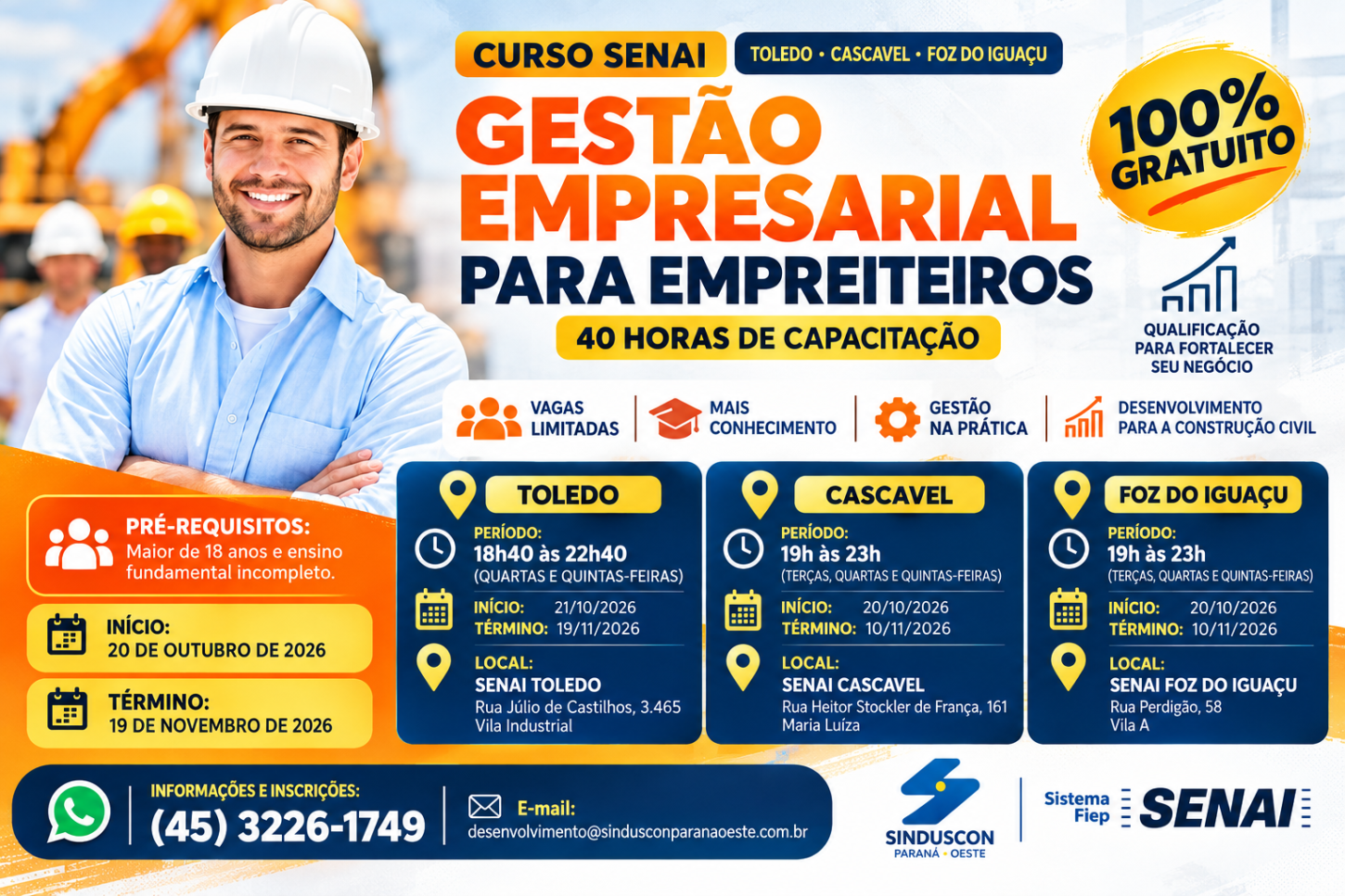 Sinduscon e Senai oferecem curso gratuito de Gestão Empresarial para empreiteiros no Oeste do Paraná