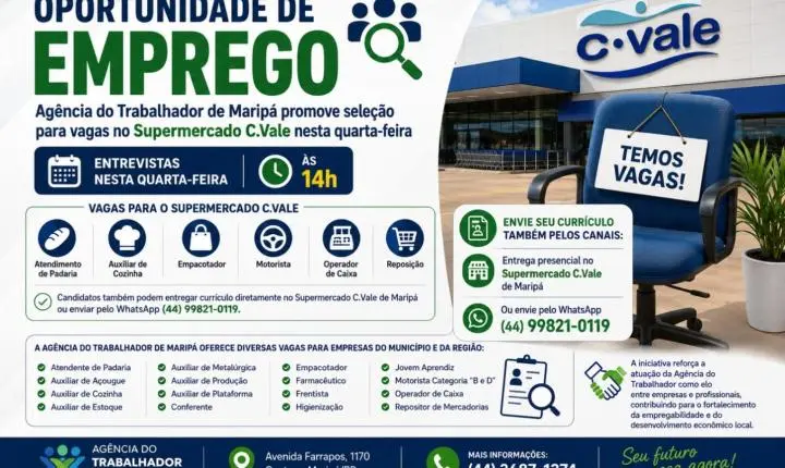 Agência do Trabalhador de Maripá promove seleção para vagas no Supermercado C.Vale nesta quarta-feira