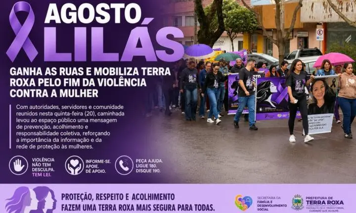 Agosto Lilás ganha as ruas e mobiliza Terra Roxa pelo fim da violência contra a mulher