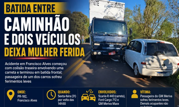 Batida entre caminhão e dois veículos deixa mulher ferida na PR-182