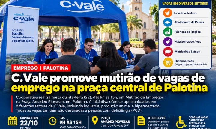 C.Vale promove mutirão de vagas de emprego na praça central de Palotina