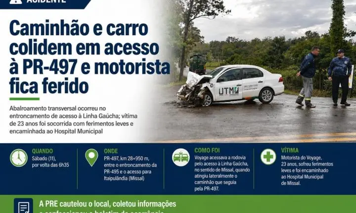 Caminhão e carro colidem em acesso à PR-497 e motorista fica ferido