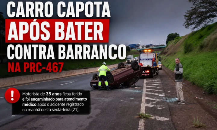 Carro capota após bater contra barranco na PRC-467