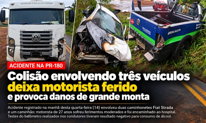 Colisão envolvendo três veículos deixa motorista ferido e provoca danos de grande monta
