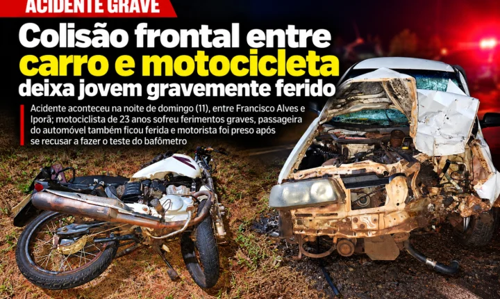 Colisão frontal entre carro e motocicleta deixa jovem gravemente ferido