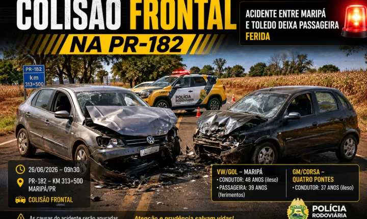 Colisão frontal na PR-182 deixa mulher ferida entre Maripá e Toledo