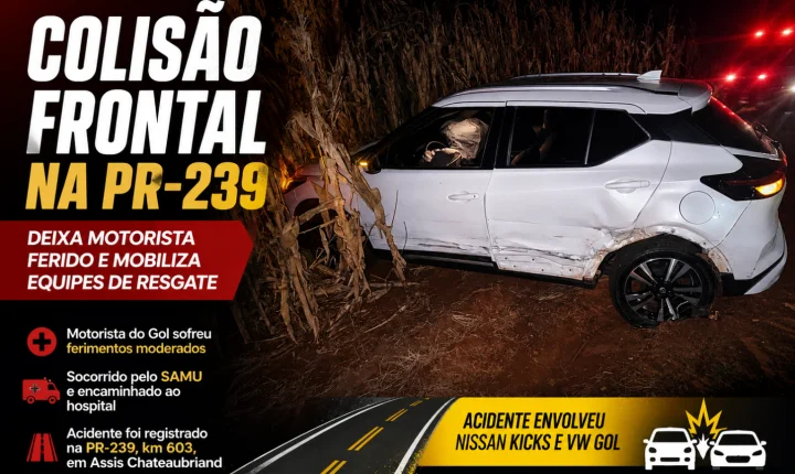 Colisão frontal na PR-239 deixa motorista ferido e mobiliza equipes de resgate