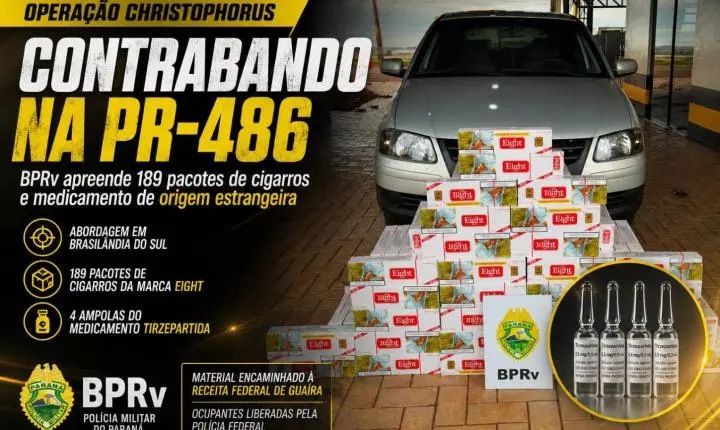 Contrabando na PR-486: BPRv apreende 189 pacotes de cigarros e medicamento de origem estrangeira