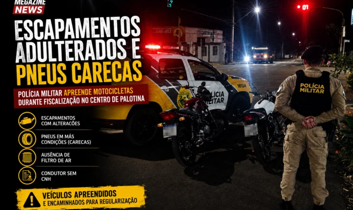 Escapamentos adulterados e pneus carecas: Polícia Militar apreende motocicletas durante fiscalização no centro de Palotina