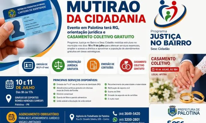 Evento em Palotina terá RG, orientação jurídica e casamento coletivo gratuito