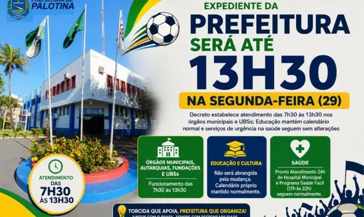 Expediente da Prefeitura será até 13h30 na segunda-feira