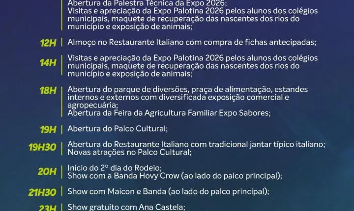 Expo Palotina 2026 começa em 3 dias com grandes shows