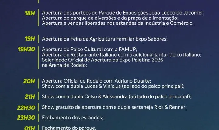 Expo Palotina 2026 começa em 3 dias com grandes shows