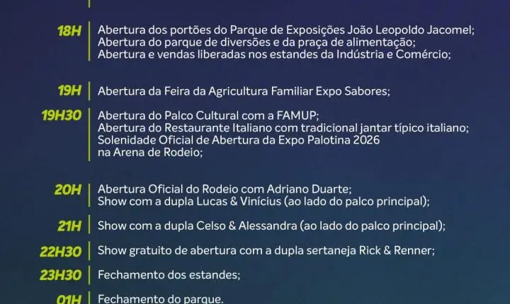 Expo Palotina 2026 divulga programação oficial com grandes shows, rodeio e atrações gratuitas