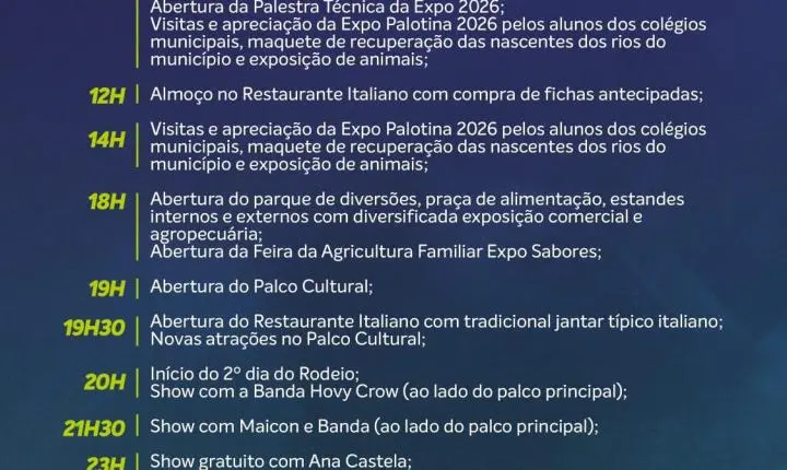 Expo Palotina 2026 divulga programação oficial com grandes shows, rodeio e atrações gratuitas