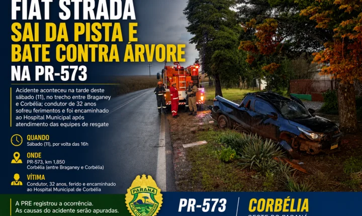 Fiat Strada sai da pista e bate contra árvore na PR-573