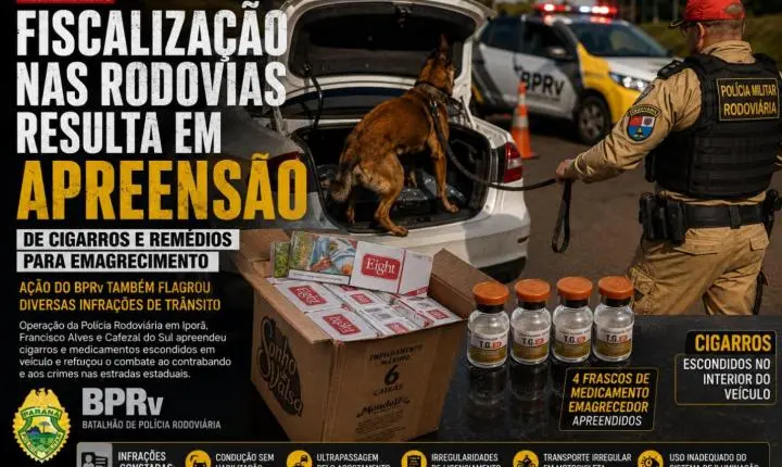Fiscalização nas rodovias do Noroeste resulta na apreensão de cigarros e remédios para emagrecimento escondidos em veículo