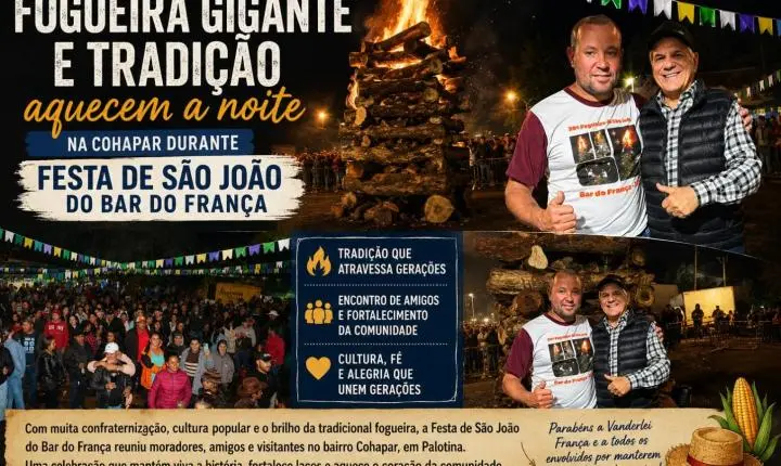 Fogueira gigante e tradição aquecem a noite na Cohapar durante Festa de São João do Bar do França
