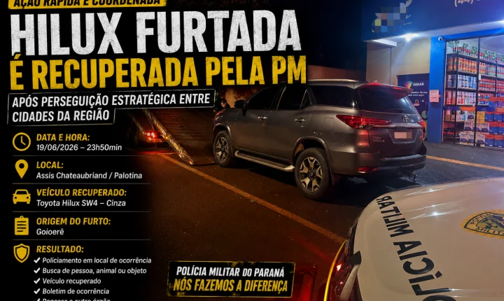 Hilux furtada em Goioerê é recuperada pela PM após perseguição estratégica