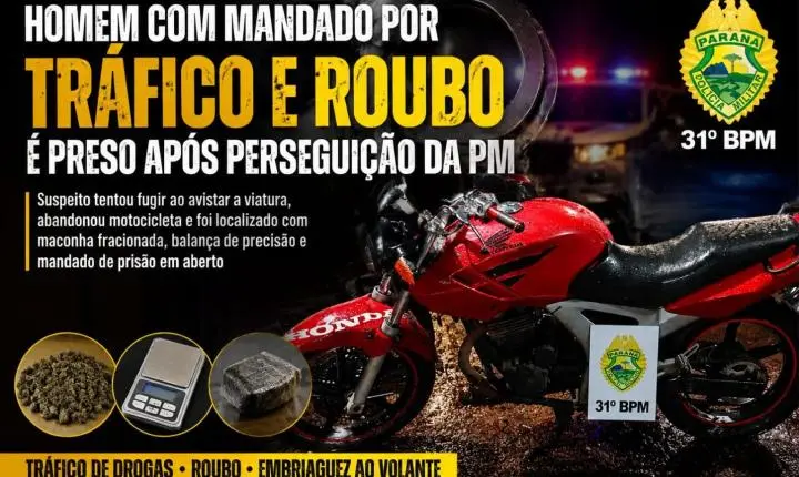 Homem com mandado por tráfico e roubo é preso após perseguição da PM