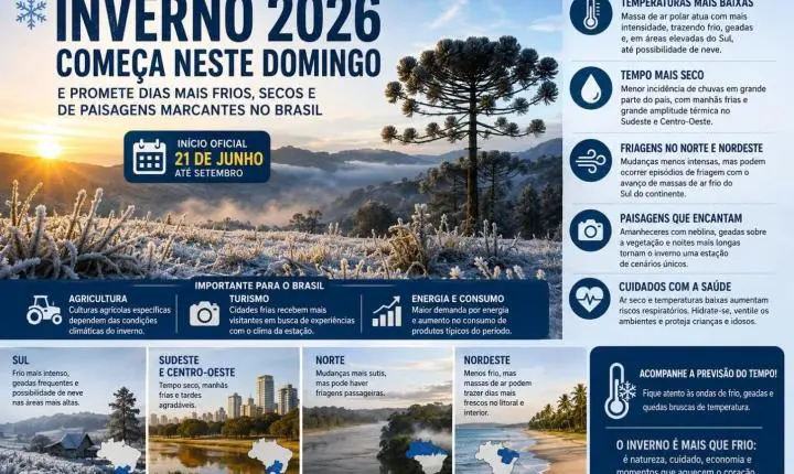 Inverno 2026 começa neste domingo e promete dias mais frios, secos e de paisagens marcantes no Brasil