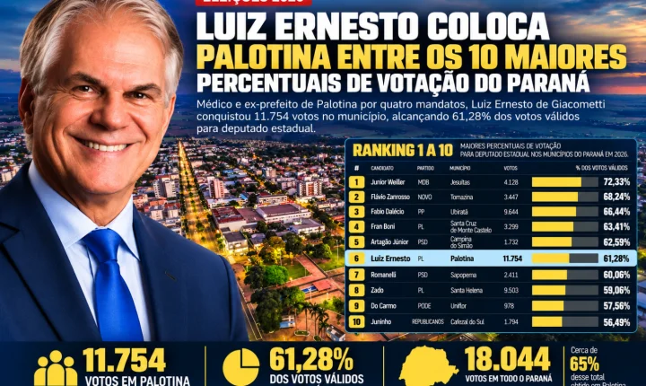 Luiz Ernesto coloca Palotina entre os 10 maiores percentuais de votação do Paraná