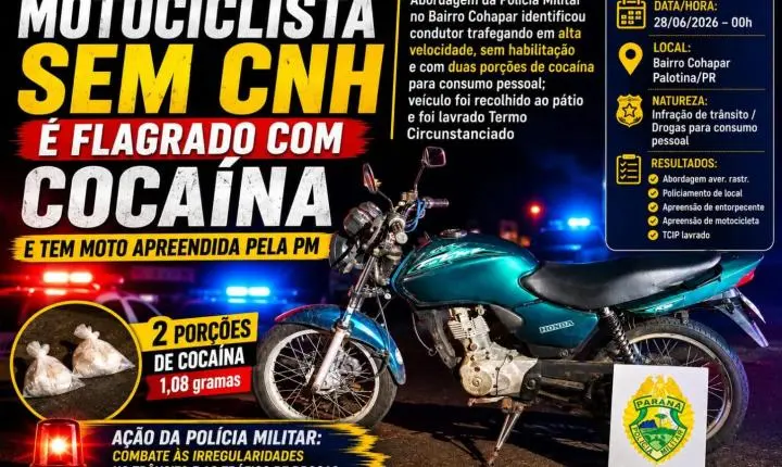 Motociclista é flagrado sem habilitação e com cocaína durante abordagem da PM