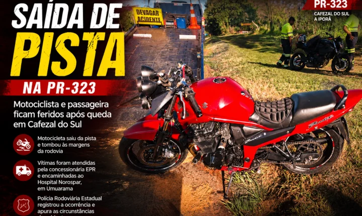 Motociclista e passageira ficam feridos após saída de pista na PR-323