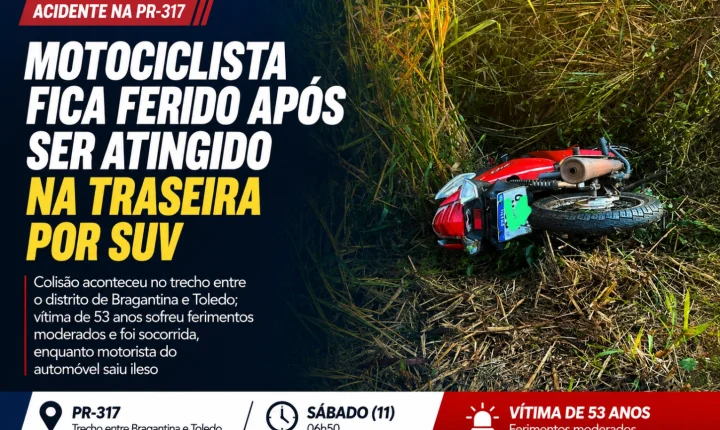 Motociclista fica ferido após ser atingido na traseira por SUV na PR-317