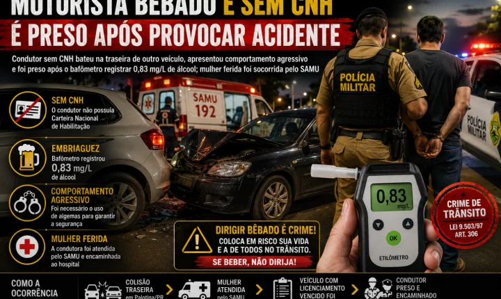 Motorista bêbado e sem CNH é preso após provocar acidente